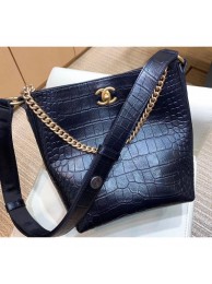 Replica Cheap Chanel Crocodile Embossed Calfskin Button Up Hobo Bag Black 2019 AQ01499