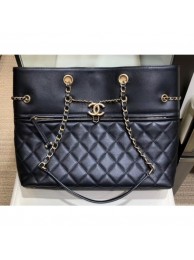 Replica High Quality Chanel Drawstring Shopping Tote Bag with Zip Black 2019 AQ02138
