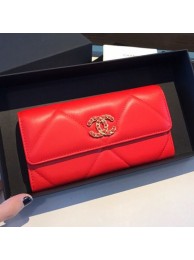 Replica Luxury Chanel 19 Goatskin Long Flap Wallet AP0955 Bright Red 2019 Collection AQ01844